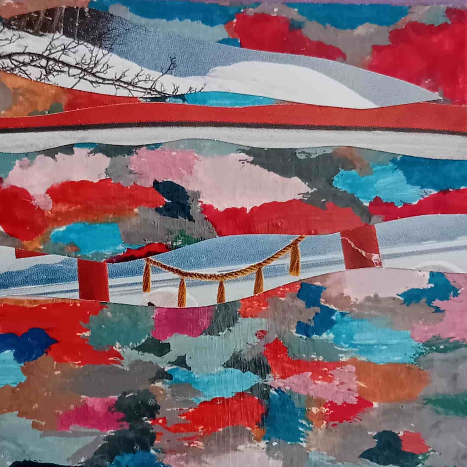 Mélange de collage de papier et de peinture dans les tons blancs et rouges.